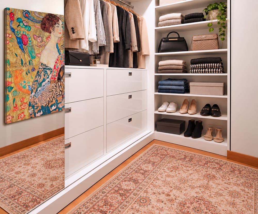 A colorful canvas print hangs inside a walk-in closet beside built-in clothing storage, adding art to a space typically used only for function.