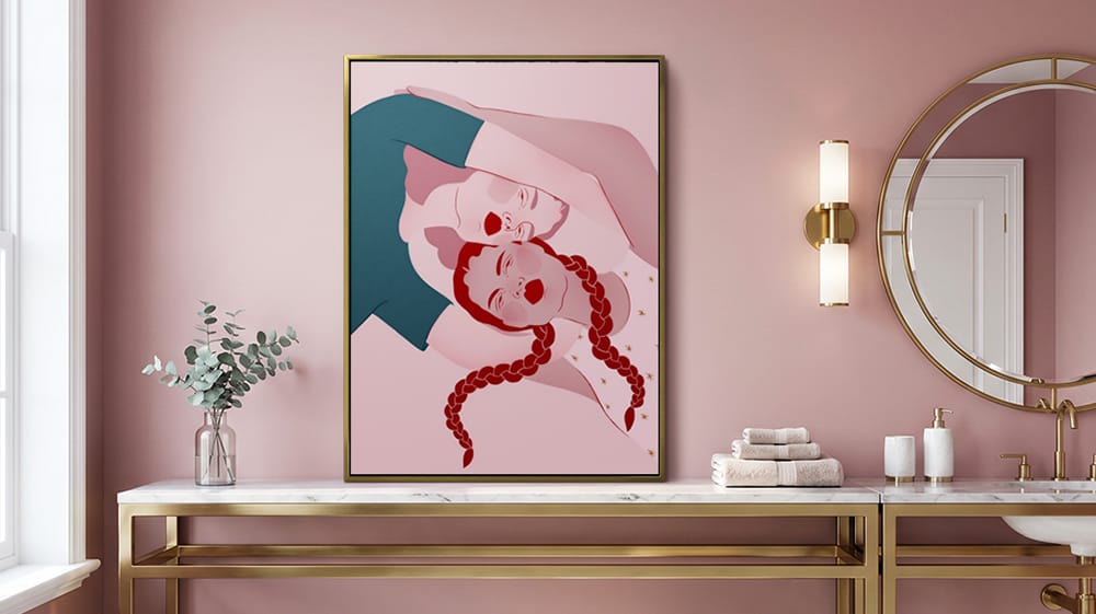 Large pink figurative artwork of two women hangs above a vanity in a softly colored bathroom with brass accents.
