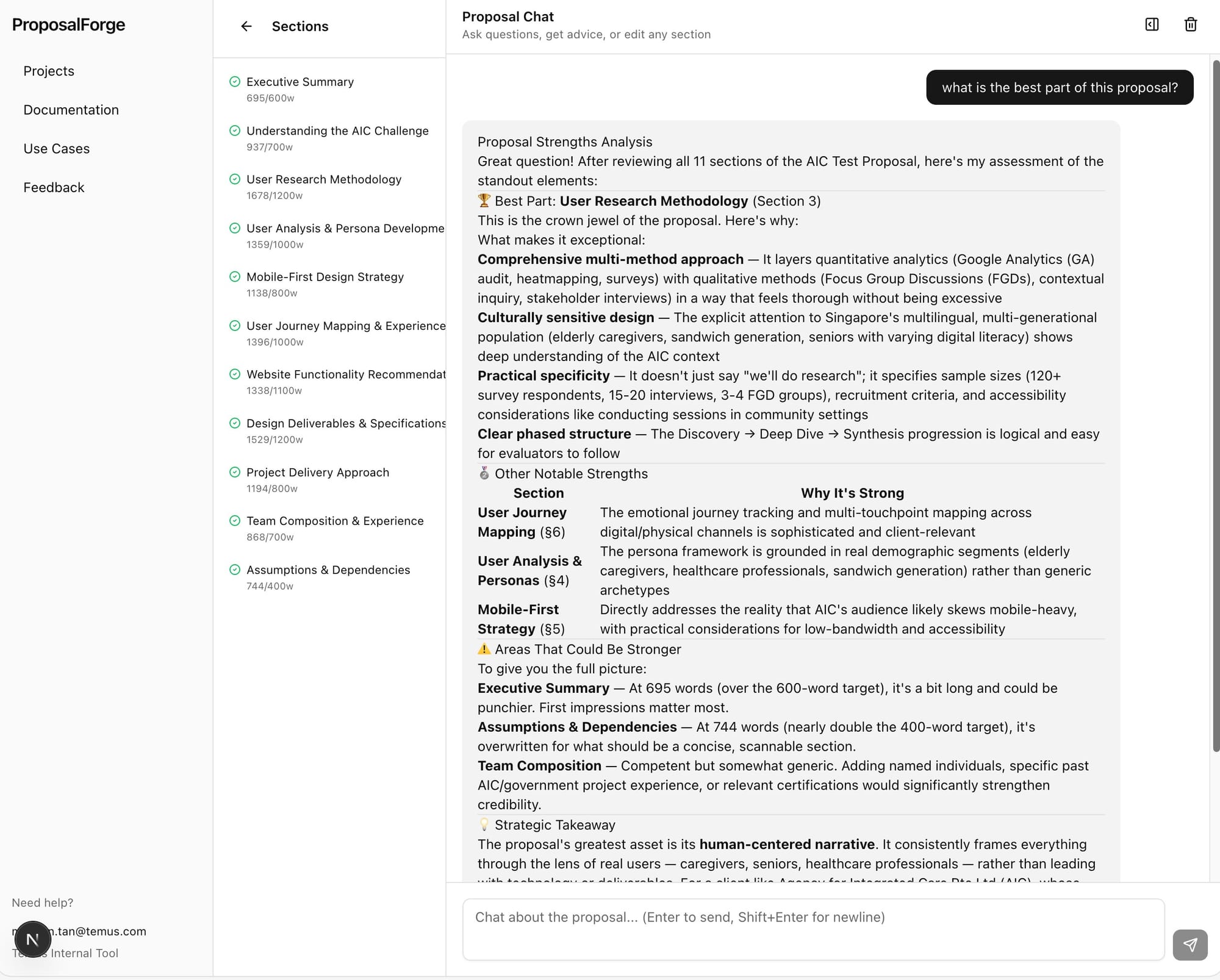 Proposal Chat: AI analysing all 11 sections, identifying strengths and rating quality per section