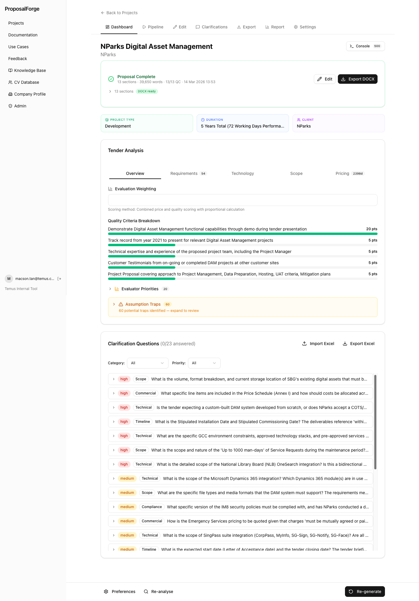 Phase 0 output in practice: tender analysis with quality criteria breakdown, evaluation weighting, and auto-generated clarification questions from tender gaps