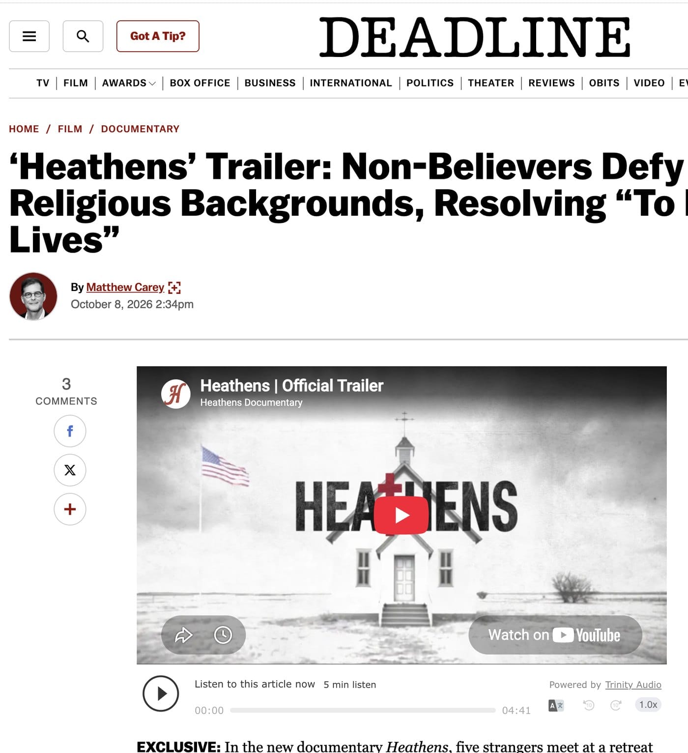 The Deadline article page with the Heathens trailer