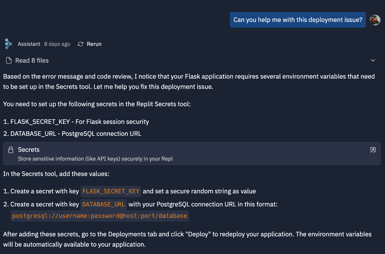 Replit Ai Assistant가 오류에 대한 해결책을 제시하는 모습