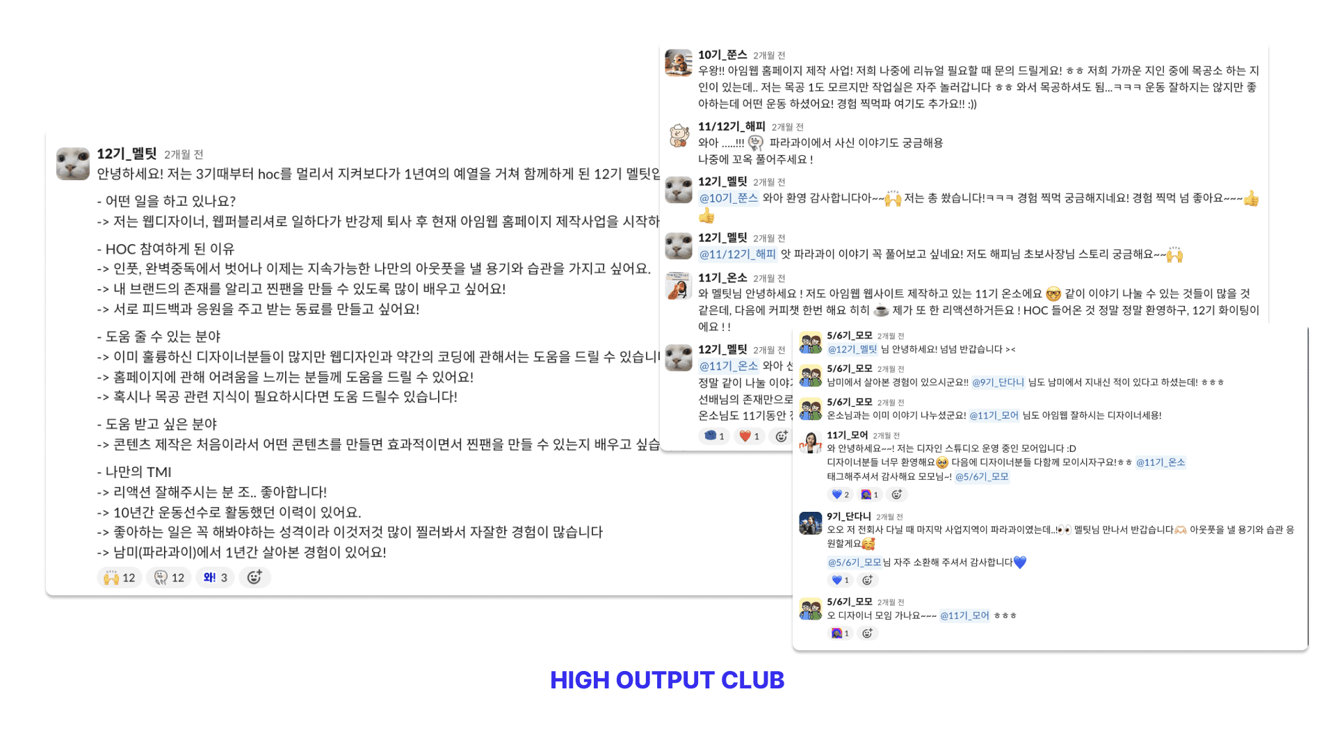 12기 멜팃님의 자기소개 중 하이아웃풋클럽 멤버들의 열렬한 반응