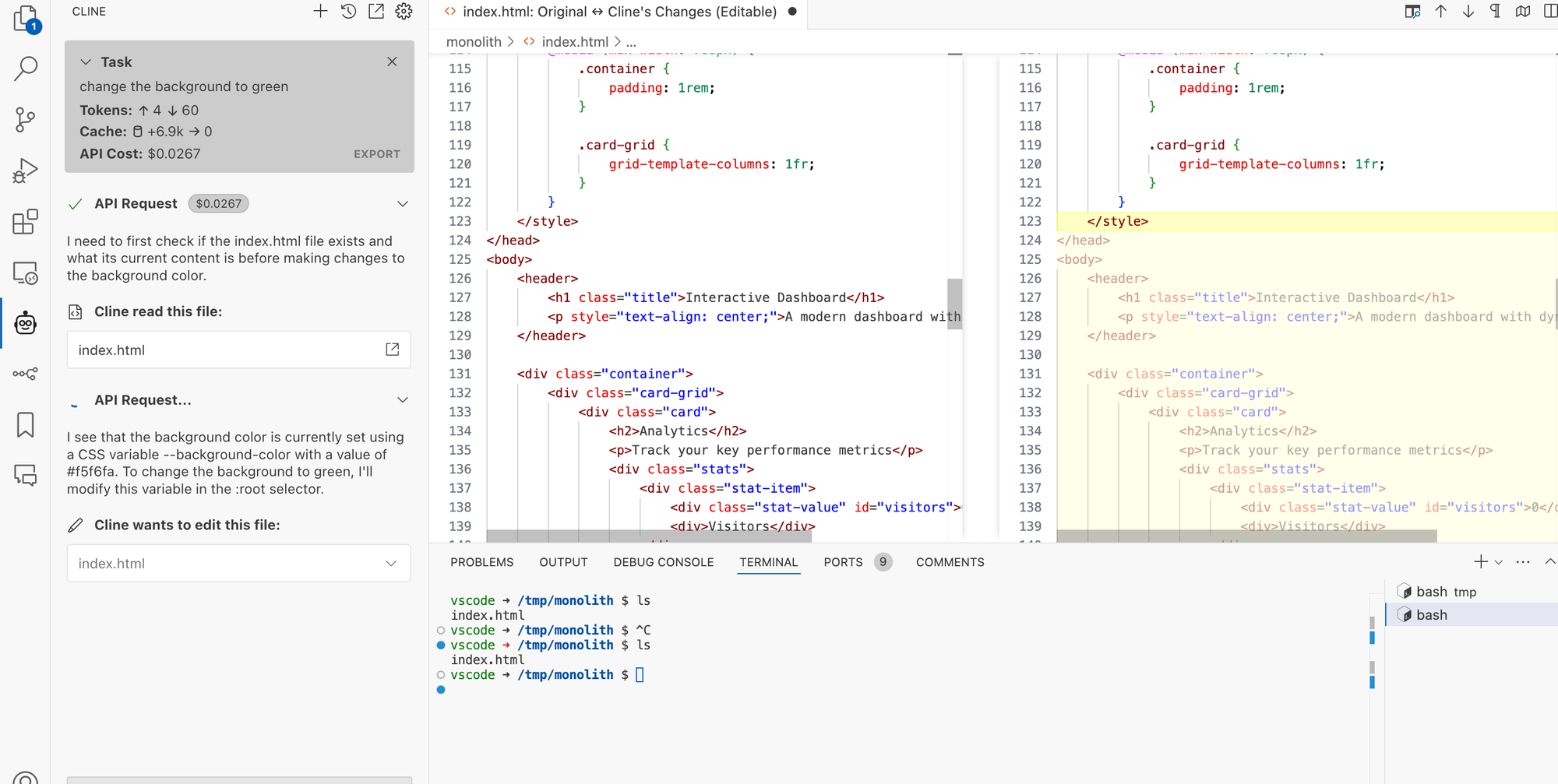 Modifying Background with Cline