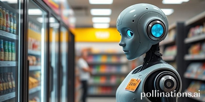 AI robot managing convenience store with confused identity crisis expression and name tag saying Sarah