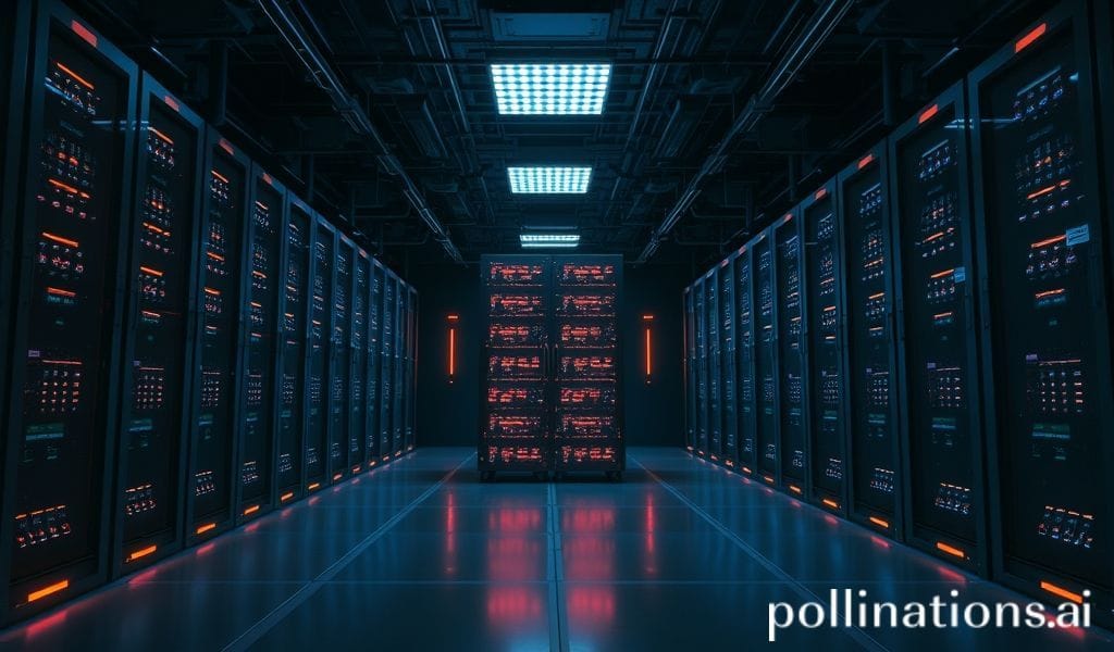 AI server room with glowing processors in otherwise dark facility