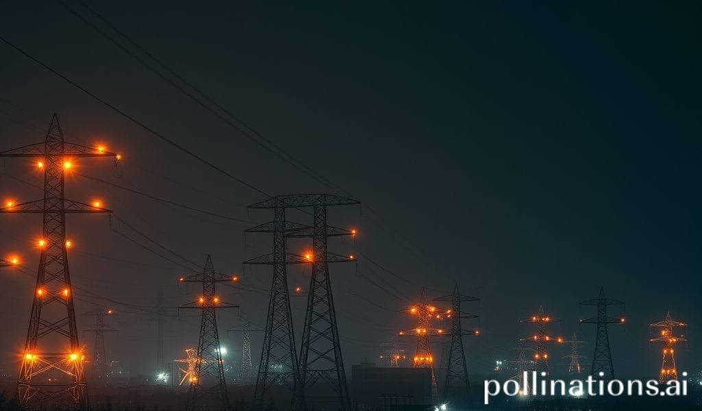Failed power grids and communication towers sparking in darkness