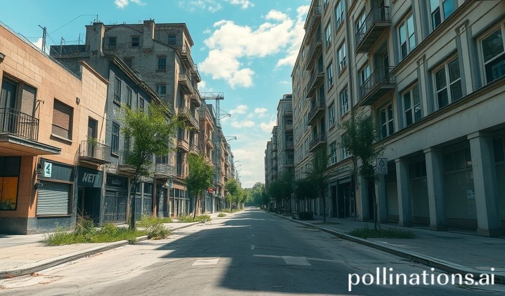 Wind blowing through empty city streets with nature beginning to reclaim buildings