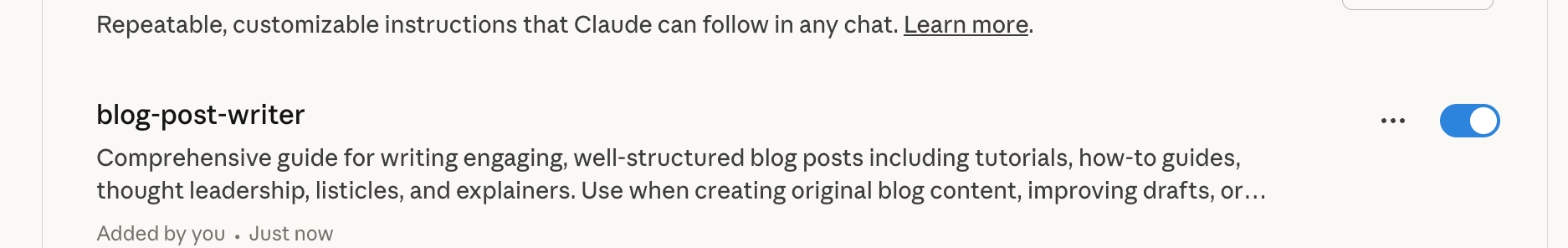 blog-post-writer skill enabled in Skills list