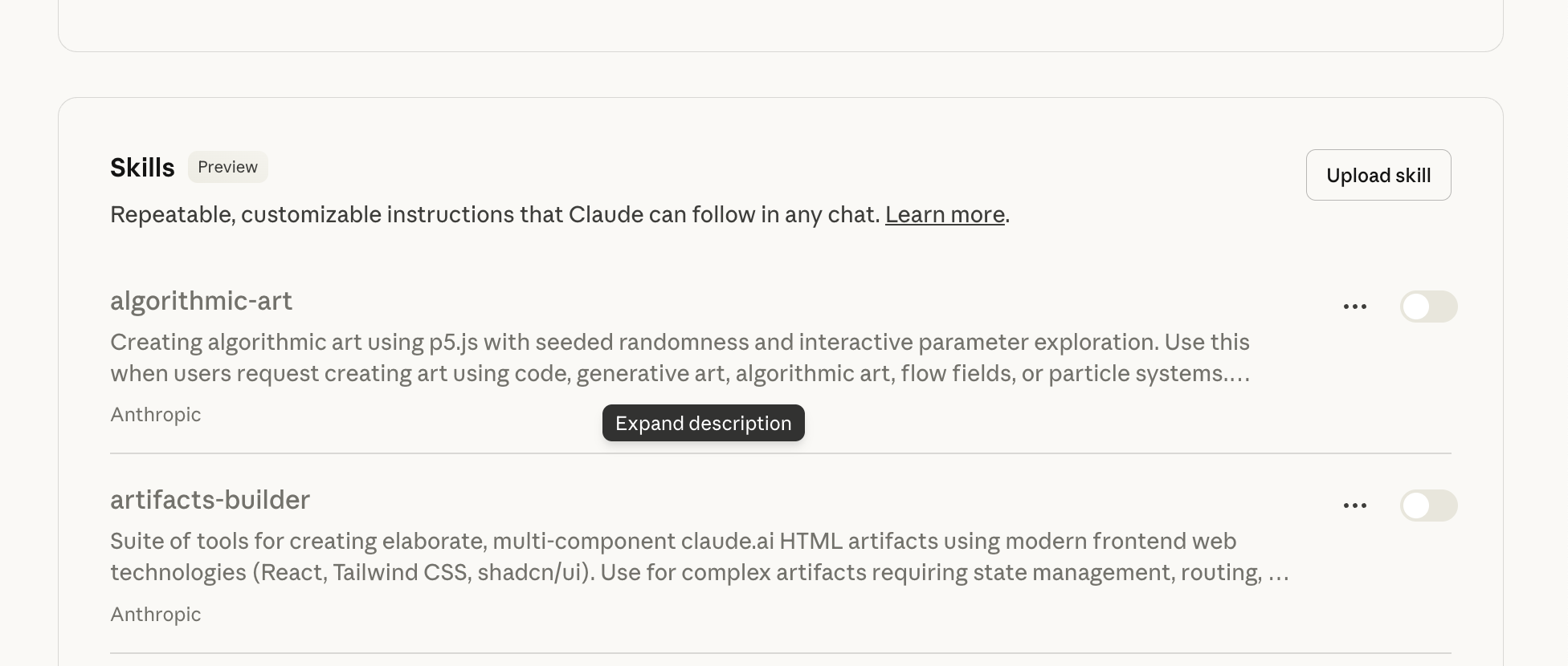 Skills section showing algorithmic-art and artifacts-builder skills