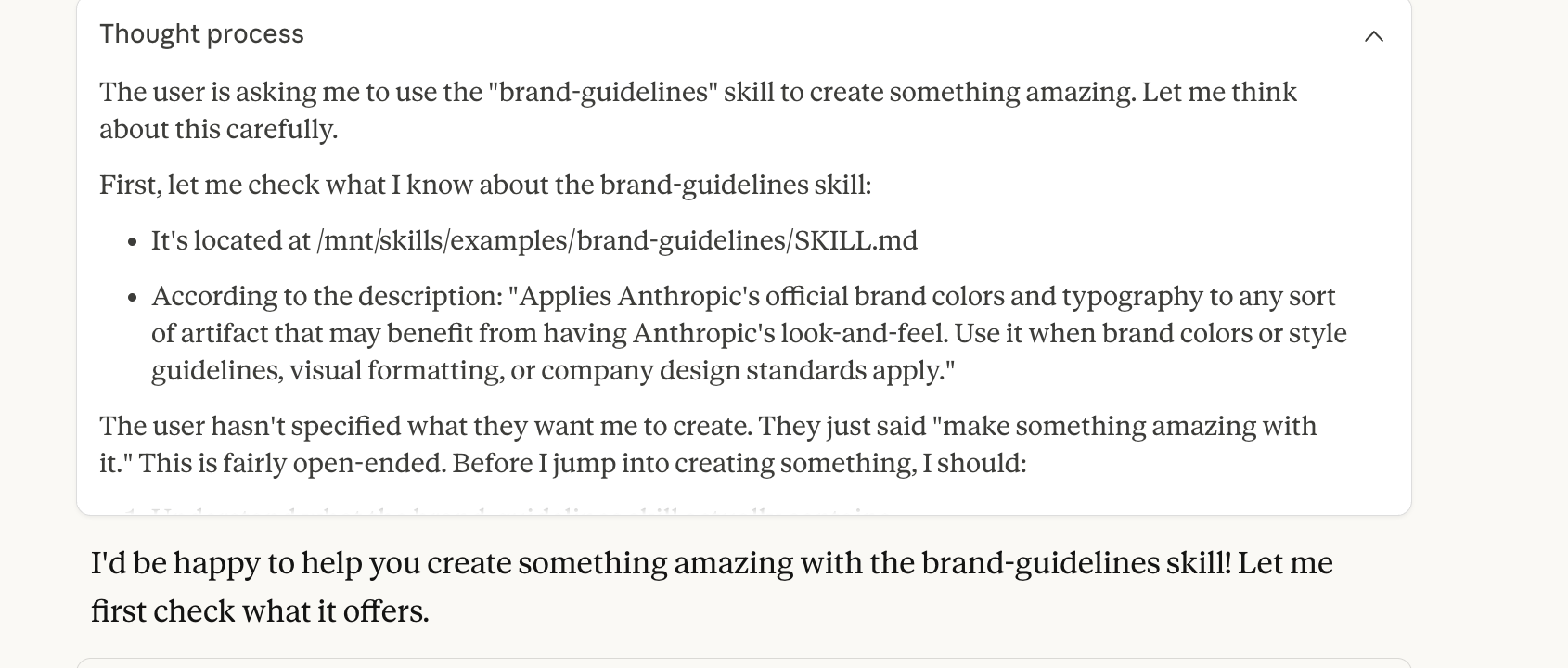 Claude's thought process showing it checking the skill location and description