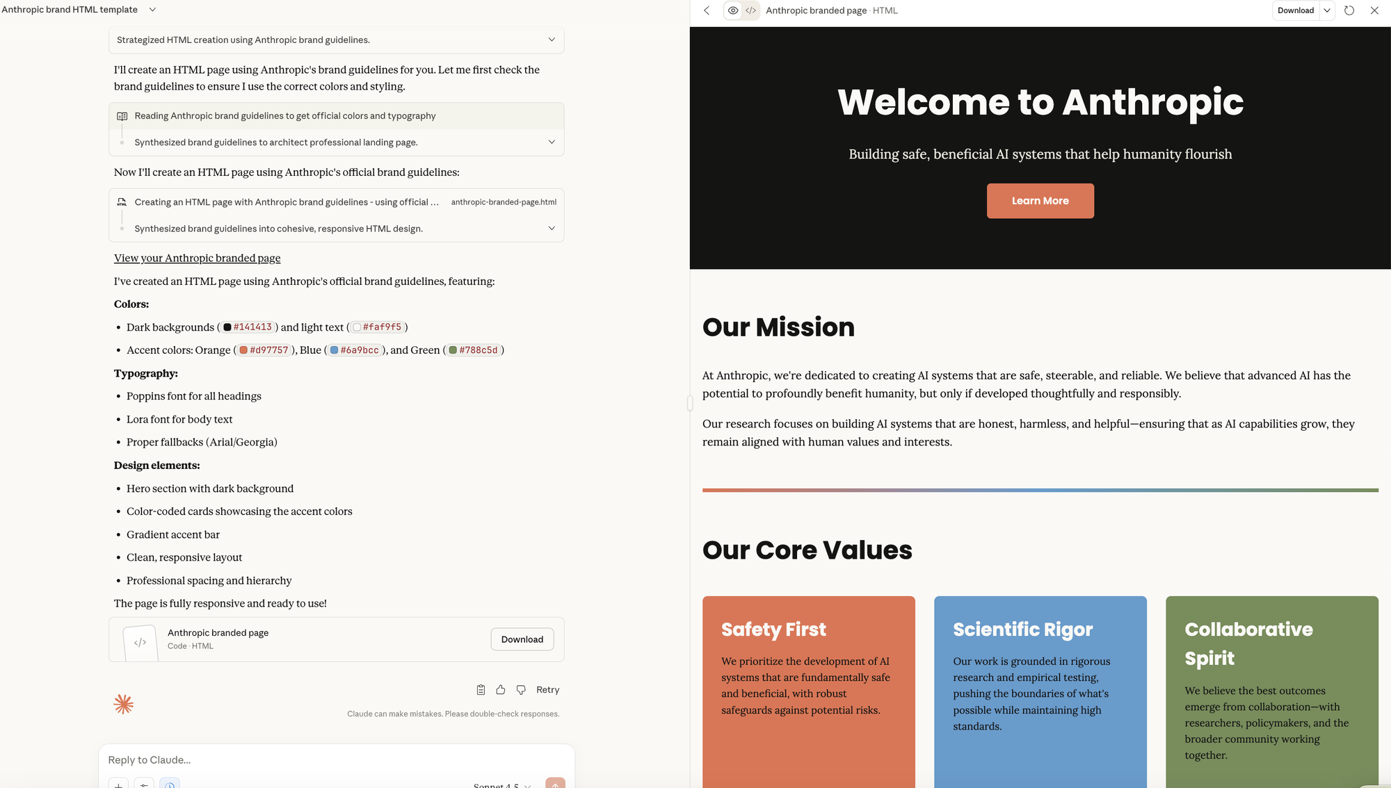 Artifact showing Anthropic's website with proper brand colors and typography
