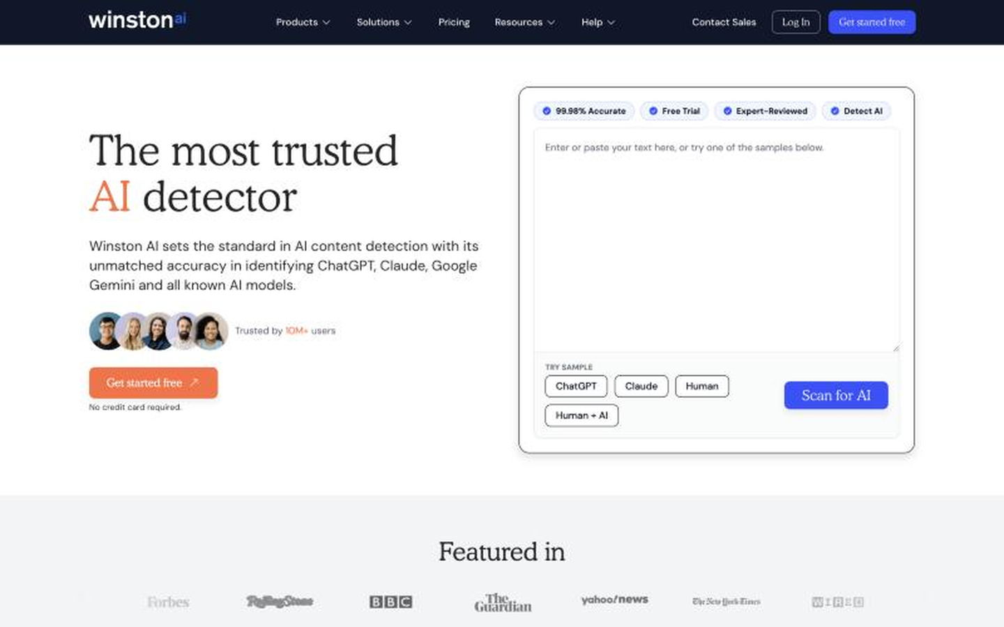 Winston AI's homepage, showing a detector report preview and scan control
