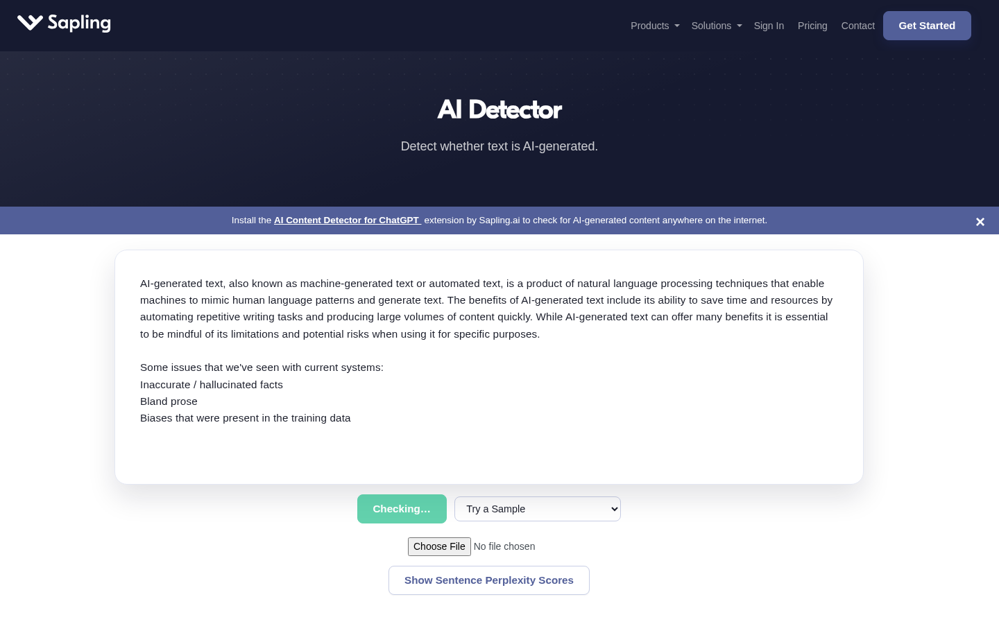 Sapling's browser-based AI detector with a sample text area and detection controls