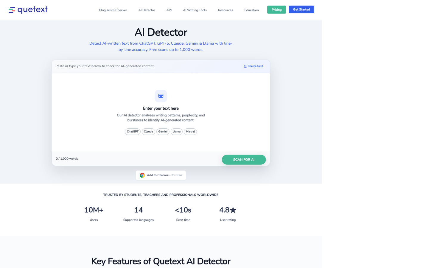 Quetext's AI detector and its plagiarism-first product positioning