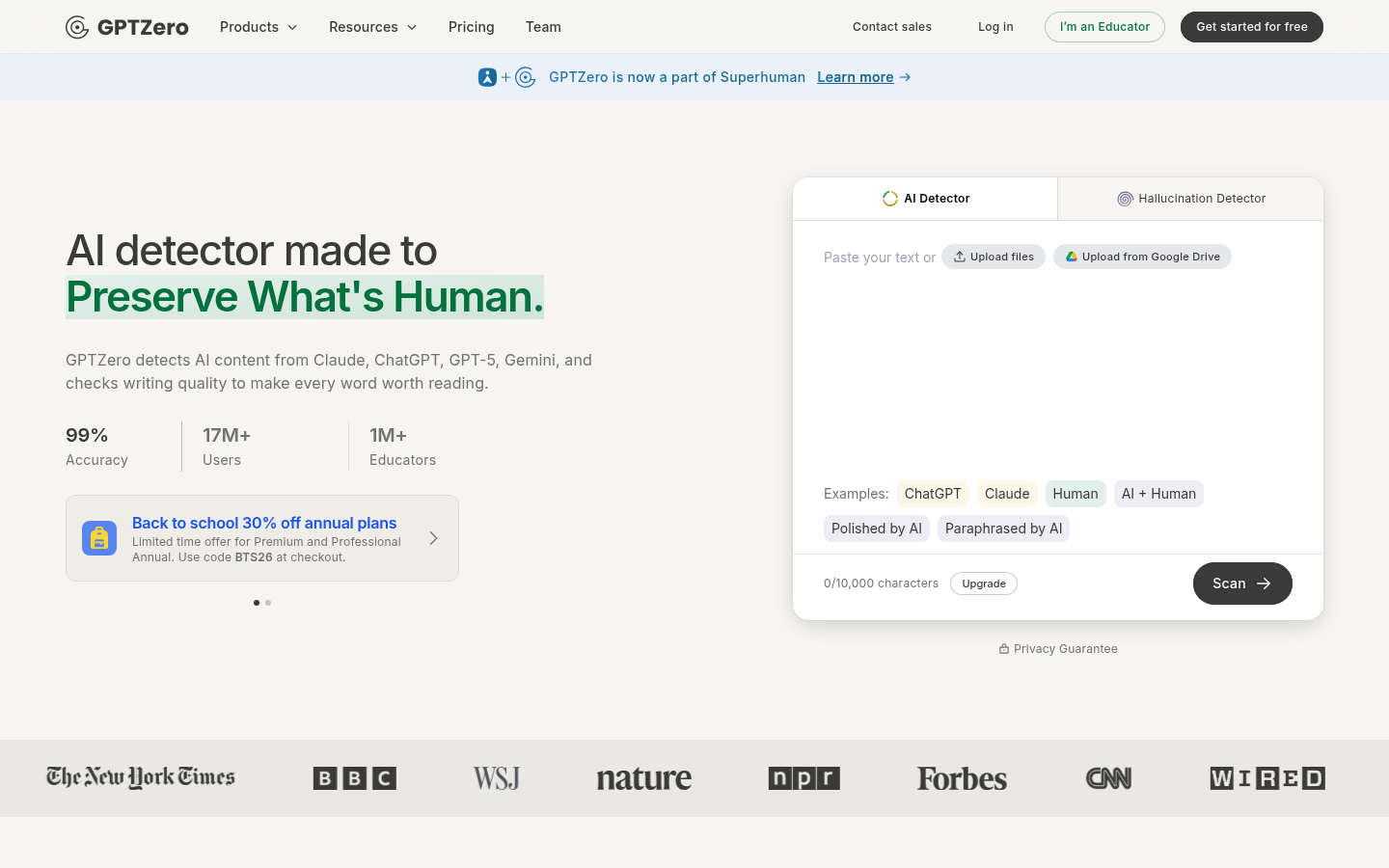 GPTZero's homepage, showing its AI detector input and education positioning