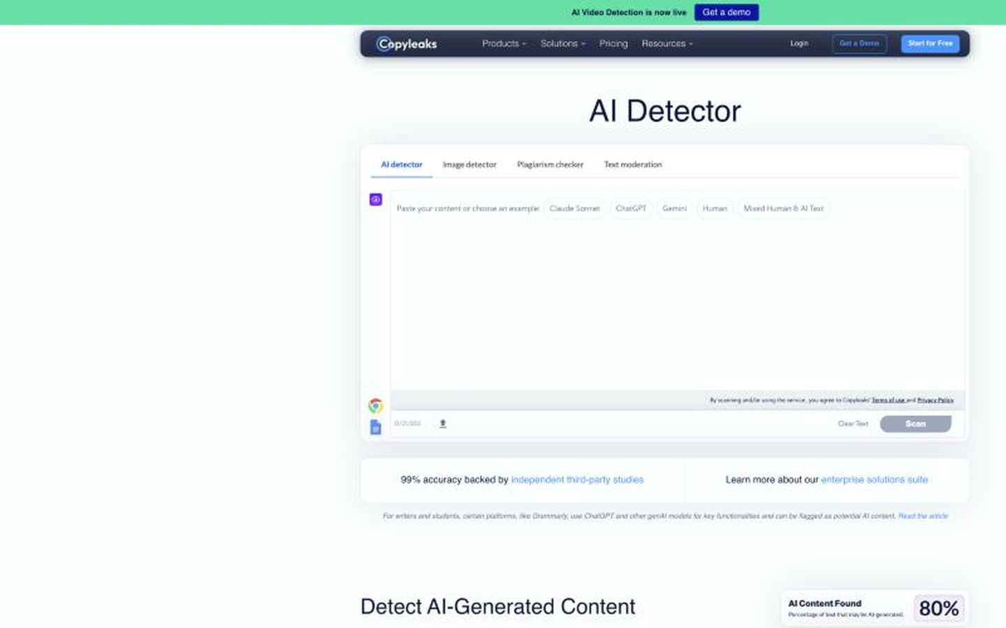 The Copyleaks AI Detector, with its text-entry area, tabbed detectors, and scan control