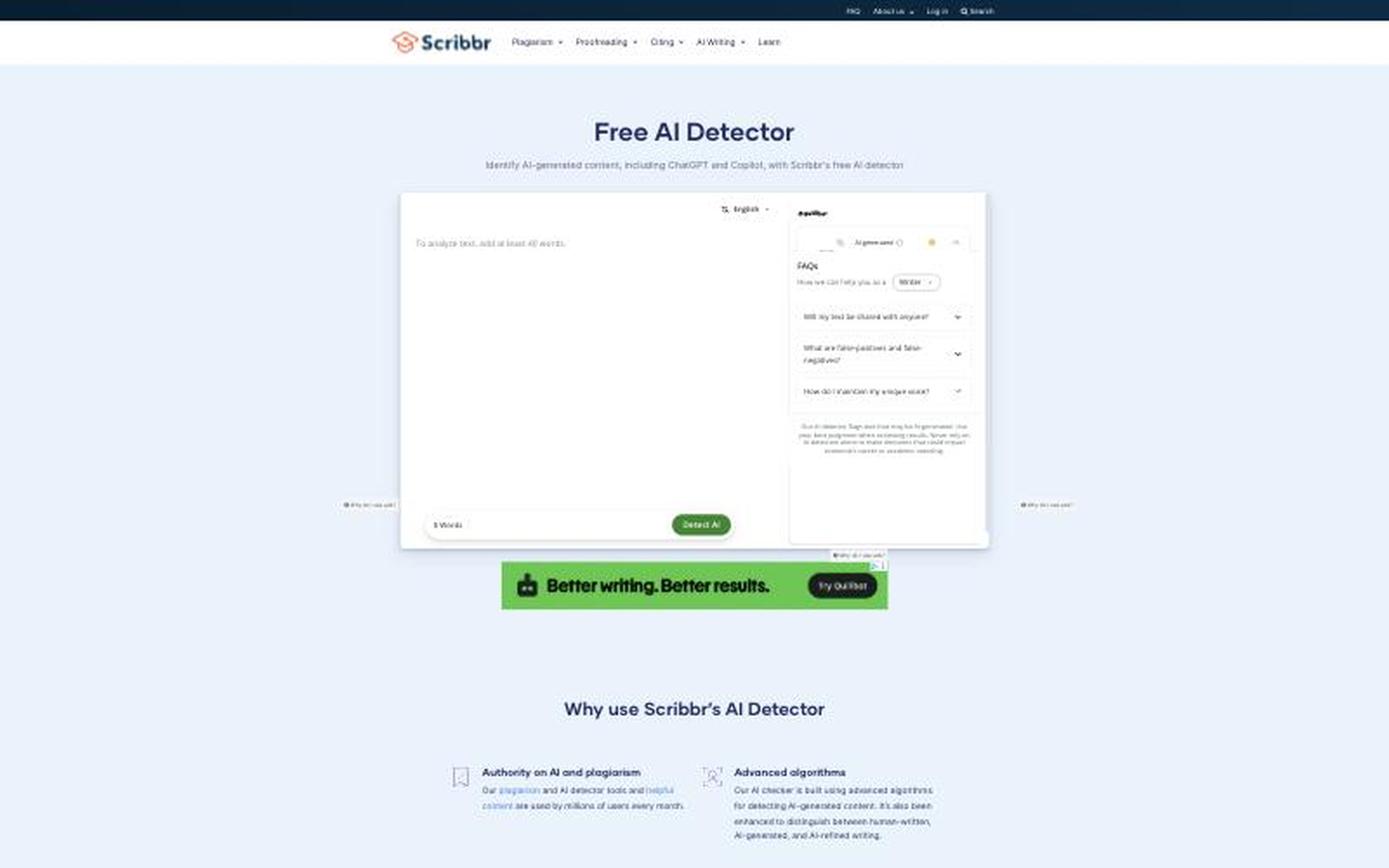 Scribbr's free AI detector, with document input and an explanatory FAQ panel