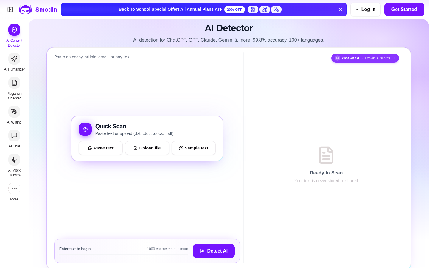 Smodin's AI detector inside its multi-tool writing application