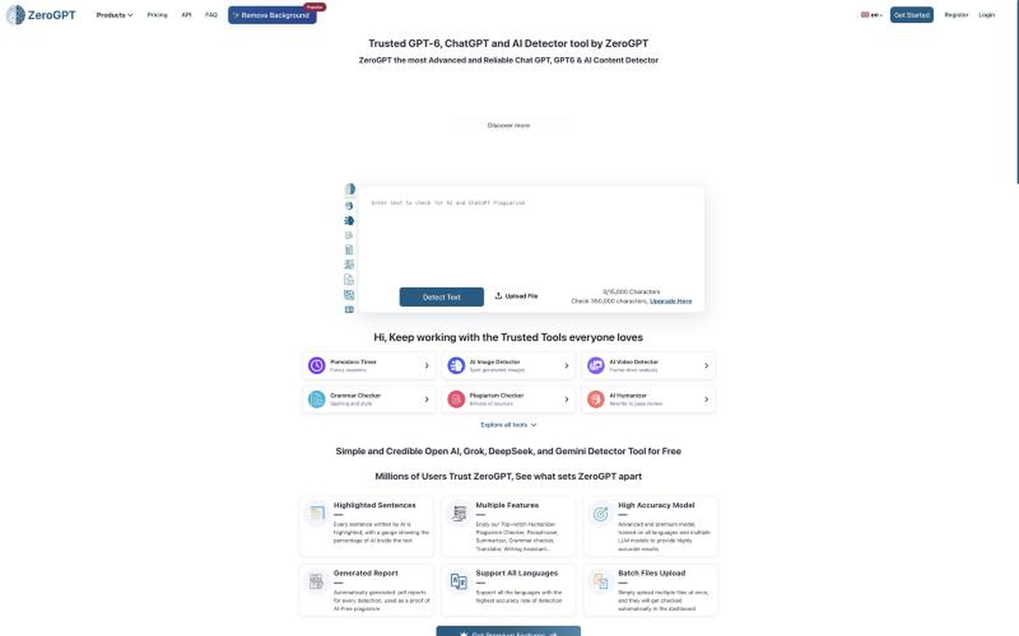 ZeroGPT's detector page, with its text-entry box and Detect Text control