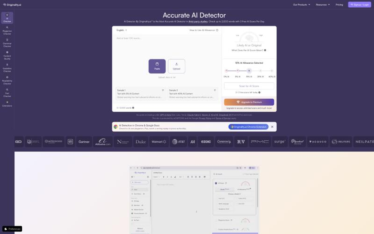 Originality.ai's detector interface with text input, file upload, and AI-score controls