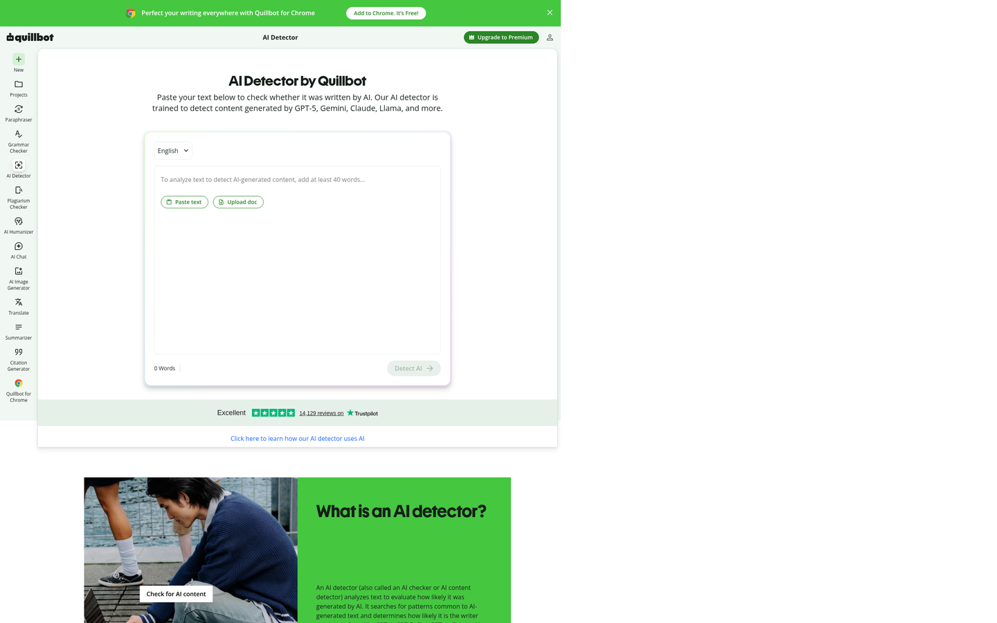 QuillBot's AI detector, with a large document input area inside its writing suite