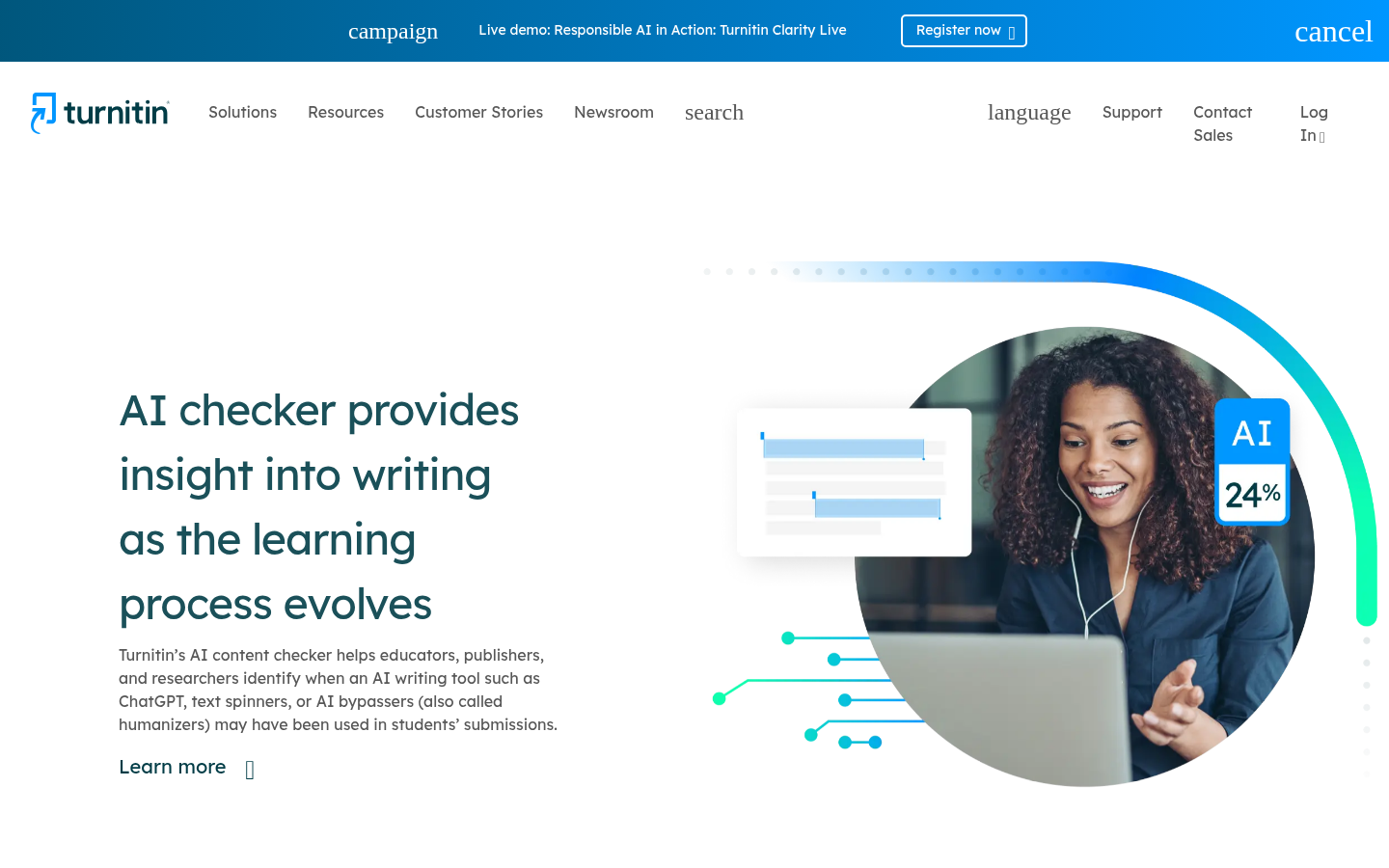 Turnitin's AI writing detection product page, aimed at institutions rather than individual users