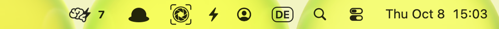 The ThoughtCop brain in the menu bar, with a bolt and seven unreviewed catches