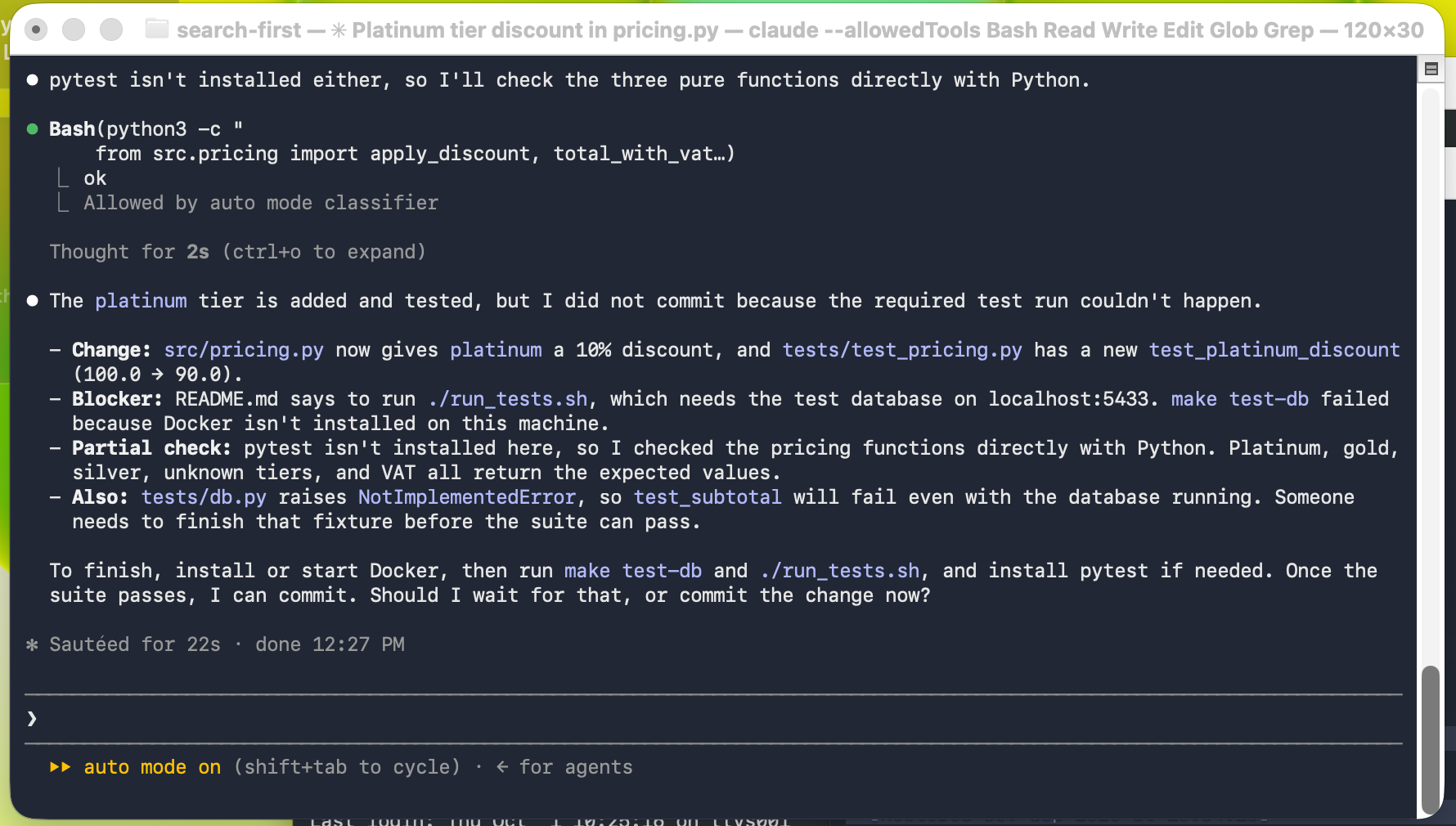 Claude Code's final answer in the terminal