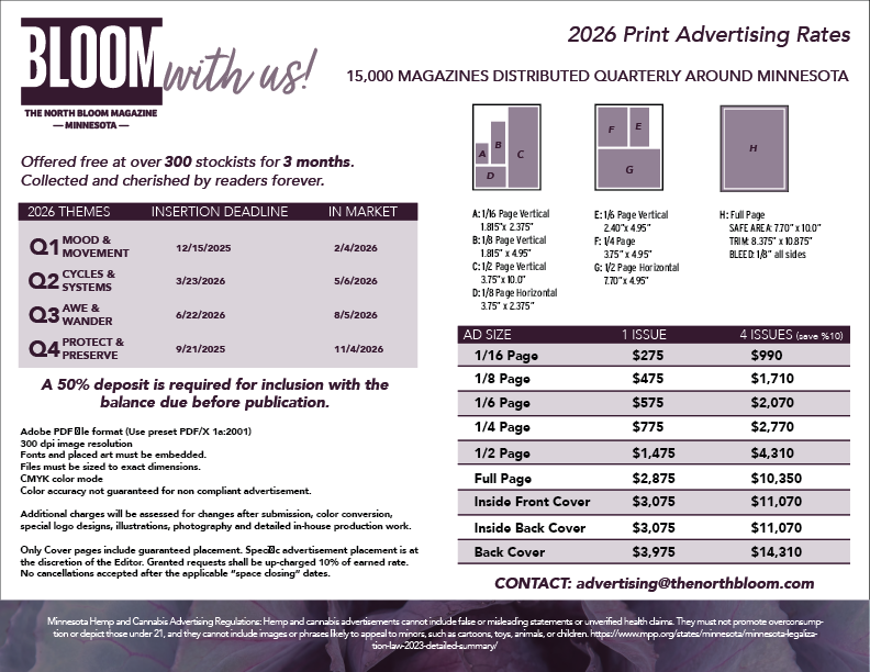 The North Bloom Magazine 2026 Advertising Rates, Specs, Quarterly Content Themes, and Insertion Deadlines.