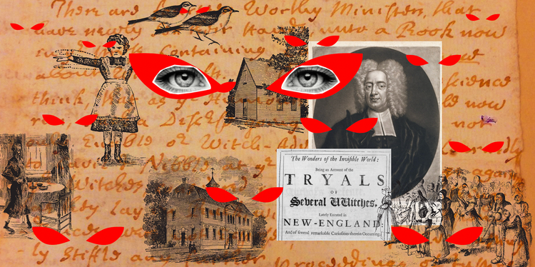A collage of antique images from colonial New England including front matter from a book on the "Trials of Several Witches," a girl waving her arms, an outdoor meeting, and Cotton Mather.