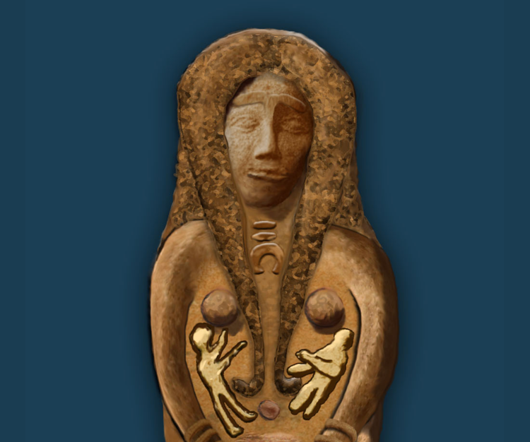 A terracotta image of a woman with long hair, suckling two infants at her breasts. She gazes into the foreground, thoughtfully.