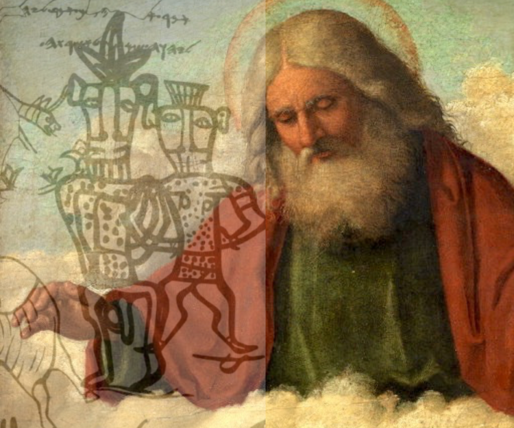An ancient image of Yahweh and Asherah as cattle-headed deities is superimposed over a Renaissance image of white-bearded father God gazing down from clouds.