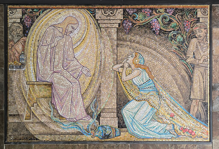 A jar lies on its side as a young woman falls to her knees. roses are at her feet. Jesus, on a chair, leans down to reach out a hand to her.