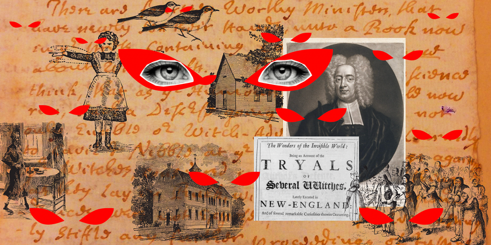 A collage of antique images from colonial New England including front matter from a book on the "Trials of Several Witches," a girl waving her arms, an outdoor meeting, and Cotton Mather.