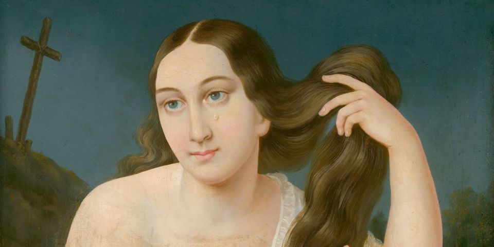 A long woman gazes over her right shoulder at Golgotha and the empty cross. A tear rolls down her cheek. She holds back her hair with her left hand.