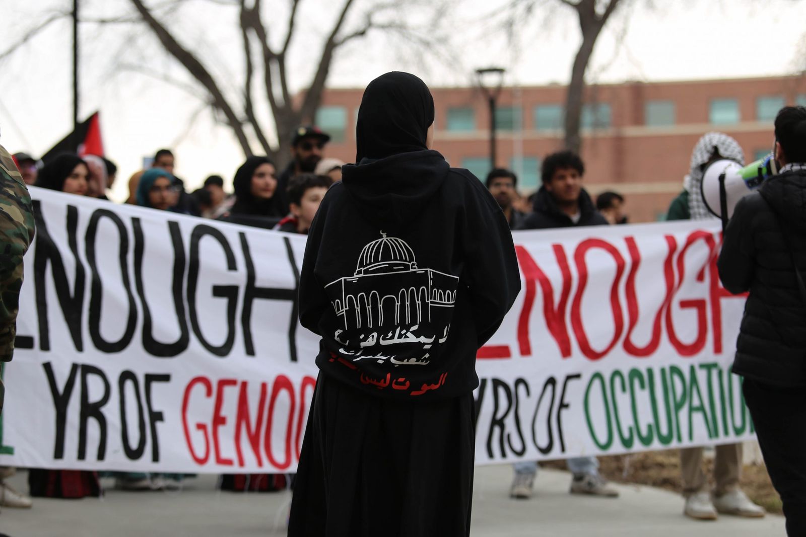 Students mobilize a protest in the TFDL quad at UCalgary