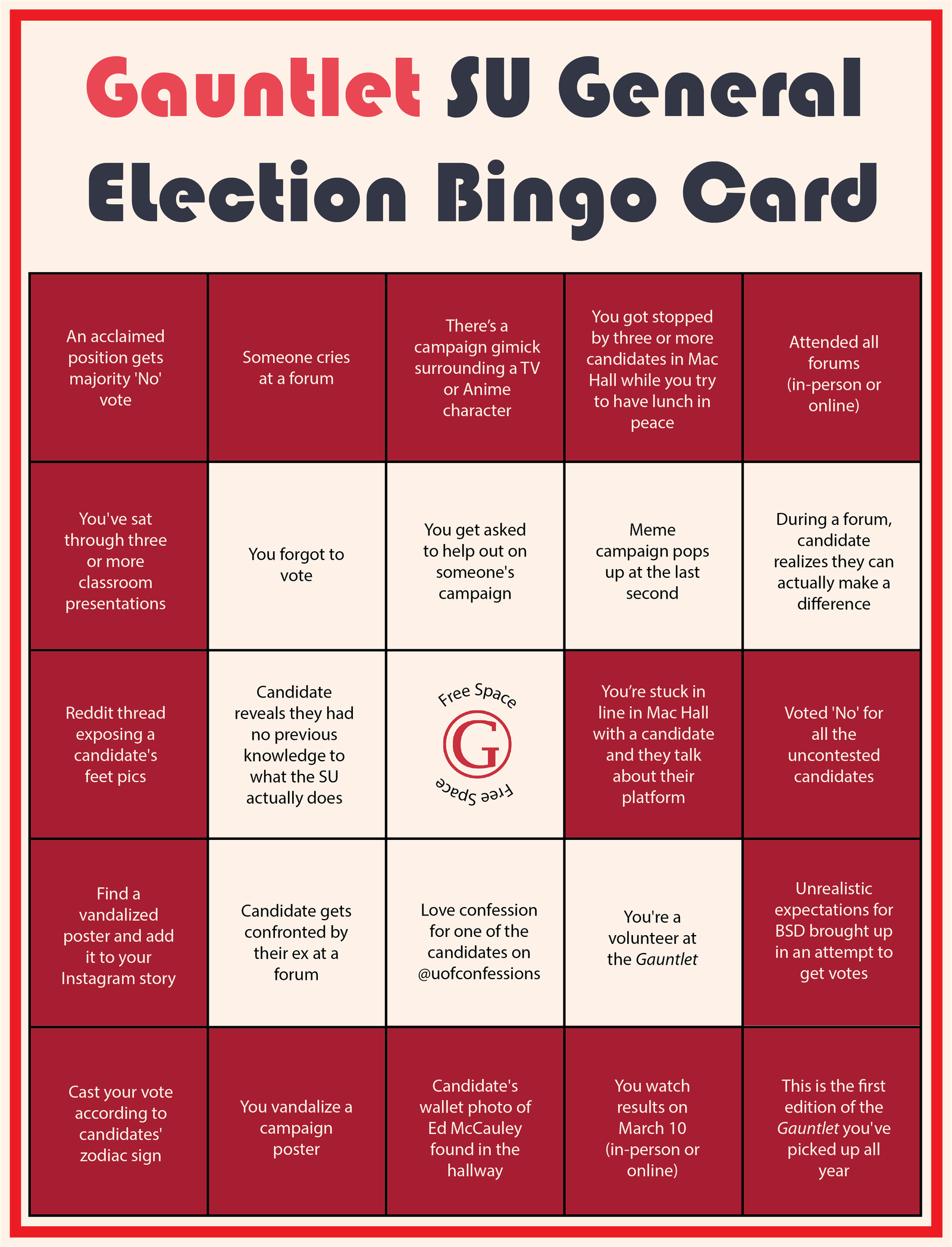 2022 SU general election bingo card