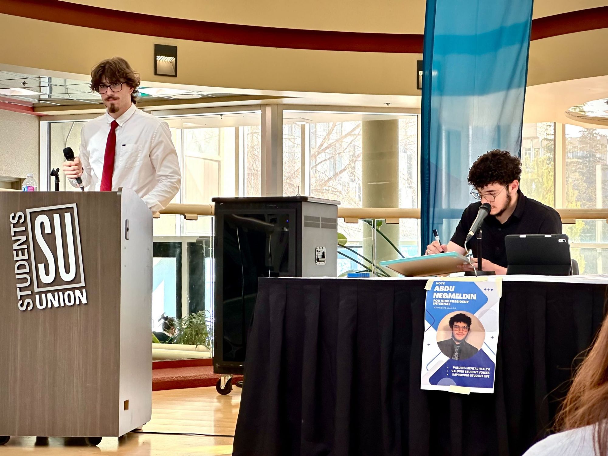 Uncontested VP Internal candidate Abdu Negmeldin talks about increased advocacy for mental health resources at SU election forum