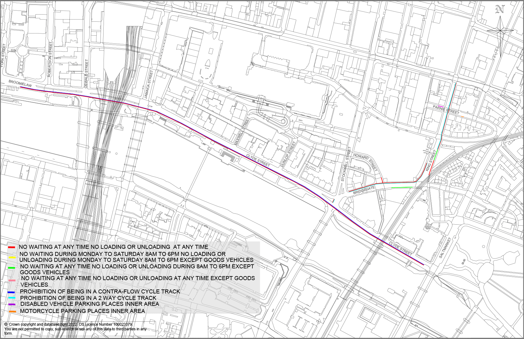 Plan showing parking restrictions on Broomielaw, Clyde St, Bridgegate, King St and Parnie St