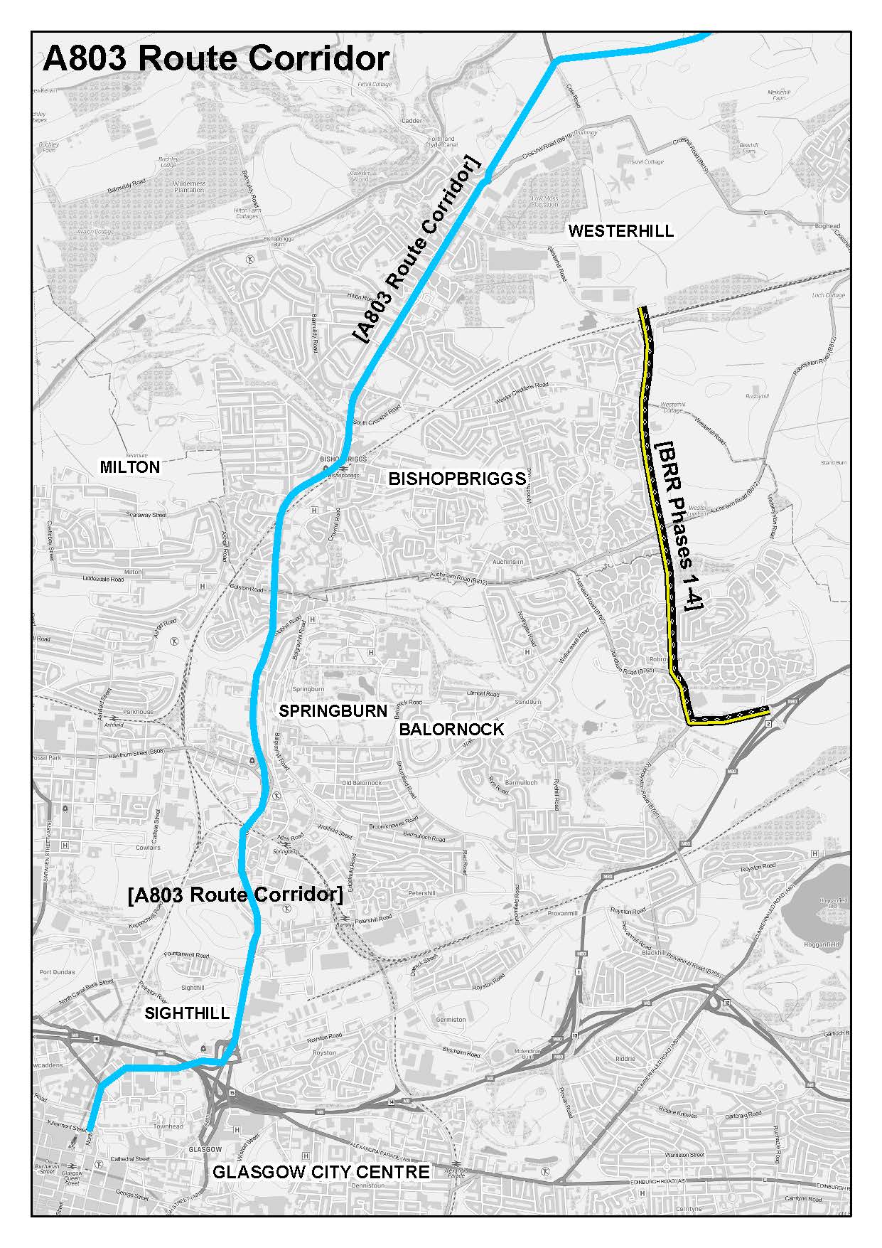 map of A803 route corridor (Springburn Rd/Kirkintilloch Rd)