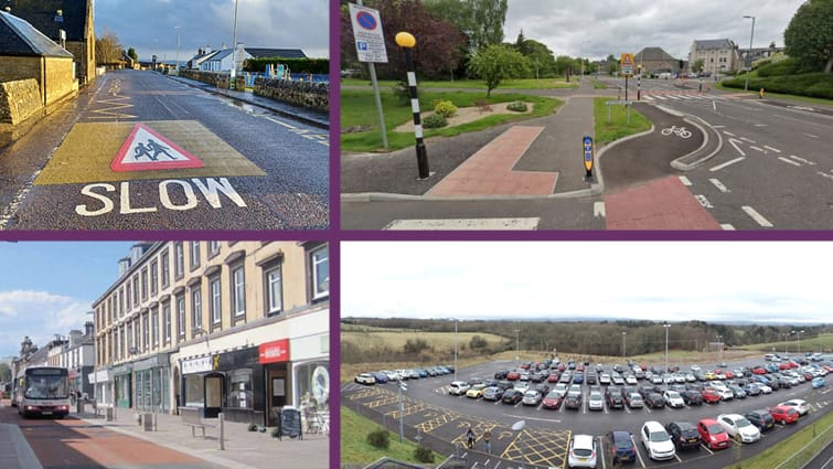 Photos of village 20mph zone; zebra crossing and protected cycle lane on West Mains Rd, EK; one-way street in Hamilton and Carluke station park & ride