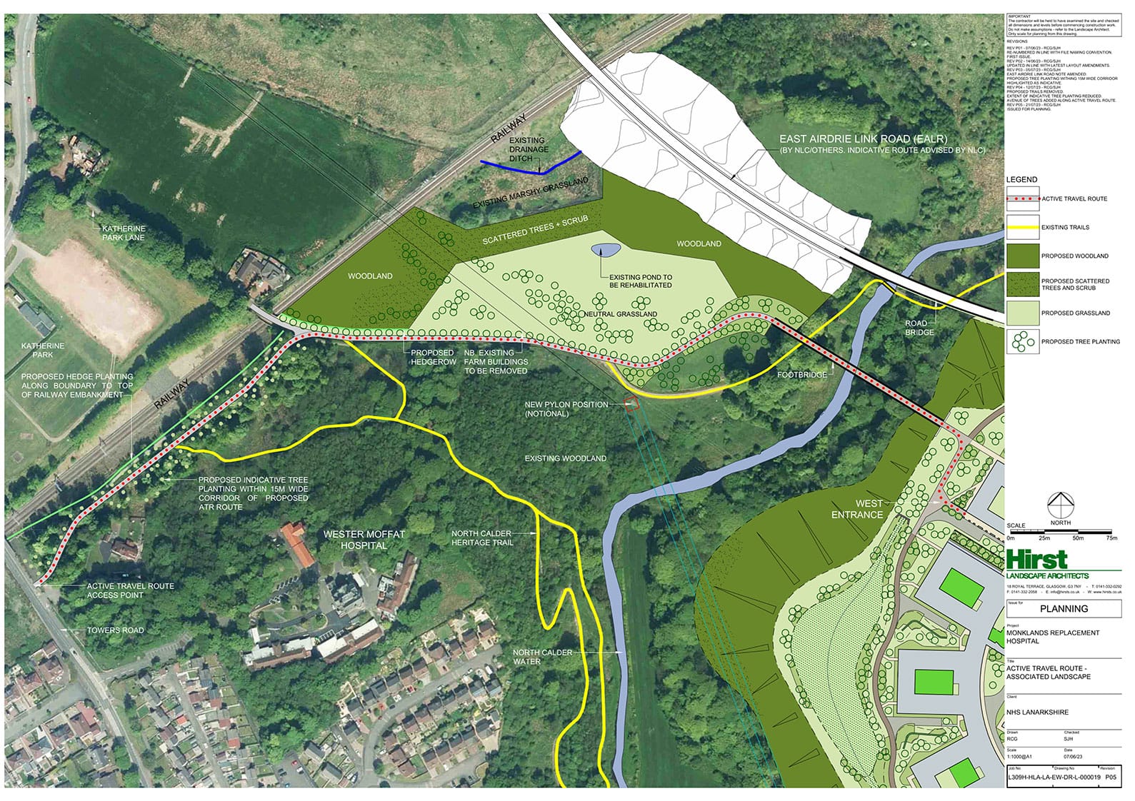 Map of proposed Active Travel Route, bridge and west entrance to new Monkalnds hospital