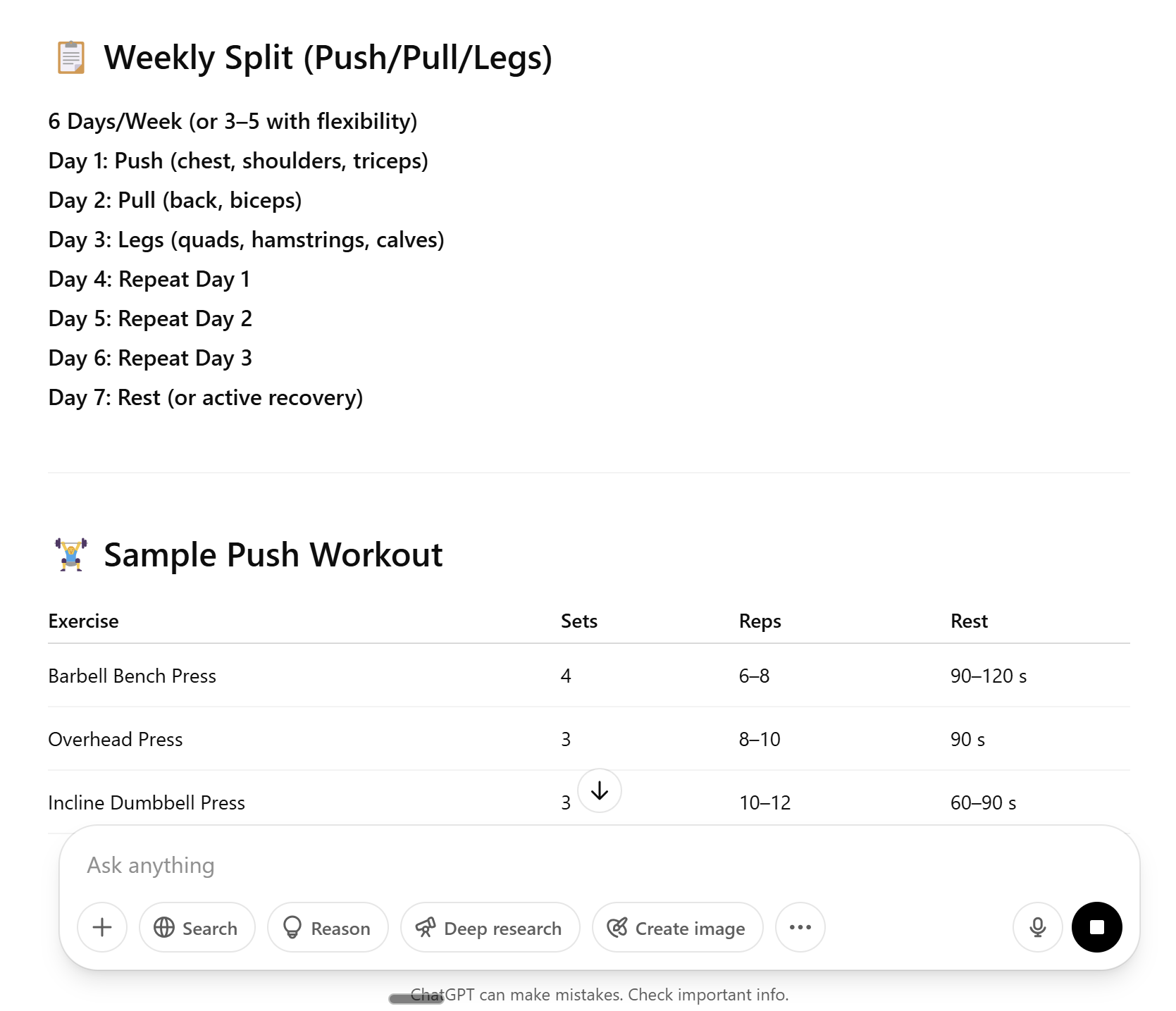 ChatGPT workout planning