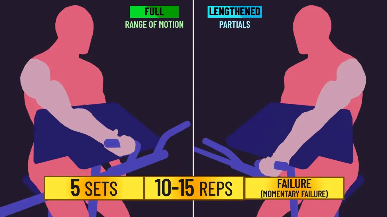 Participant performing unilateral preacher curl with machine showing ROM