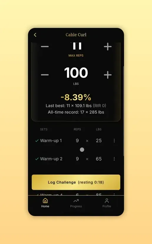 Dr. Muscle X Cable Curl screen showing max reps 11, 100 lbs, −8.39% with last best and all-time record plus warm-up sets.