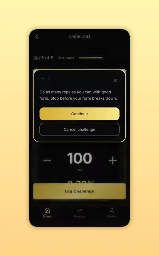 In-app informational modal prompting the user to continue or cancel a challenge in Dr. Muscle X.