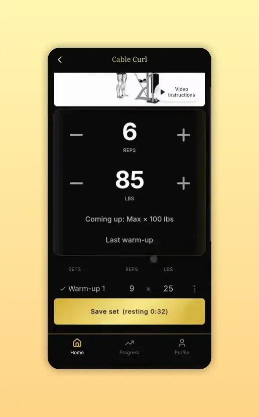 Cable Curl exercise interface showing 6 reps, 85 lbs, a small exercise illustration, and clear reps/weight controls.