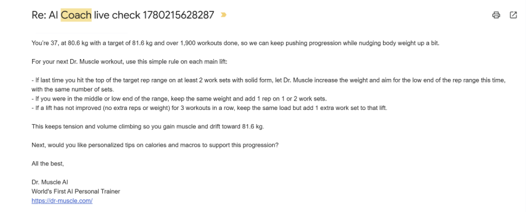 Dr. Muscle AI Email Coach Screenshot