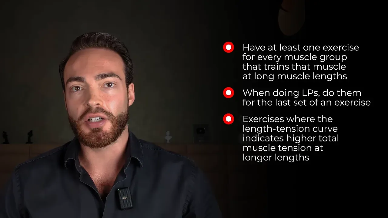 On-screen list of practical long muscle length training guidelines